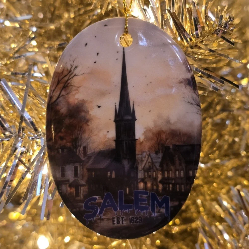 Mysterious Salem, Massachusetts‎ Watercolor Ceramic Halloween Christmas Ornament